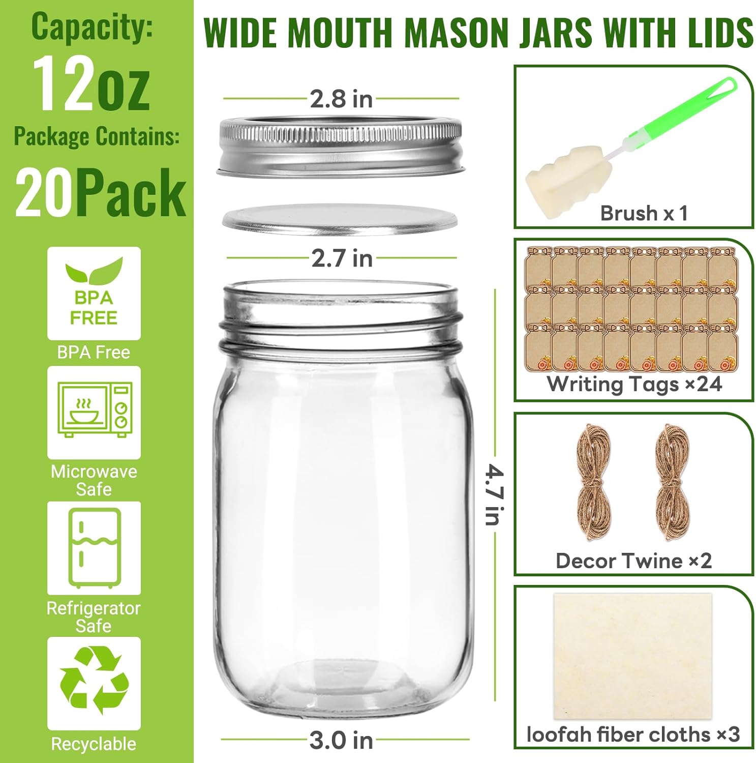 12 oz    Jars with Lids 20 Pac - Meal Prep Overnight Oats 리뷰 및 가격